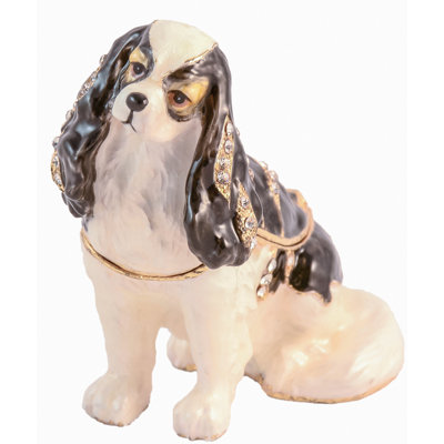 Jeweled King Charles Dog Trinket Box with Austrian Crystals Black