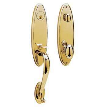 Blakely Handleset with Single Cylinder Deadbolt and Door and Rosette, Lifetime (PVD) Polished Brass, Keyed Alike, Yes