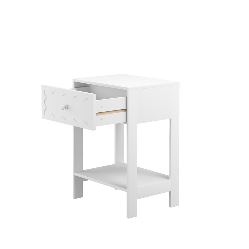 Table de chevet blanche avec tiroir et tablette ouverte