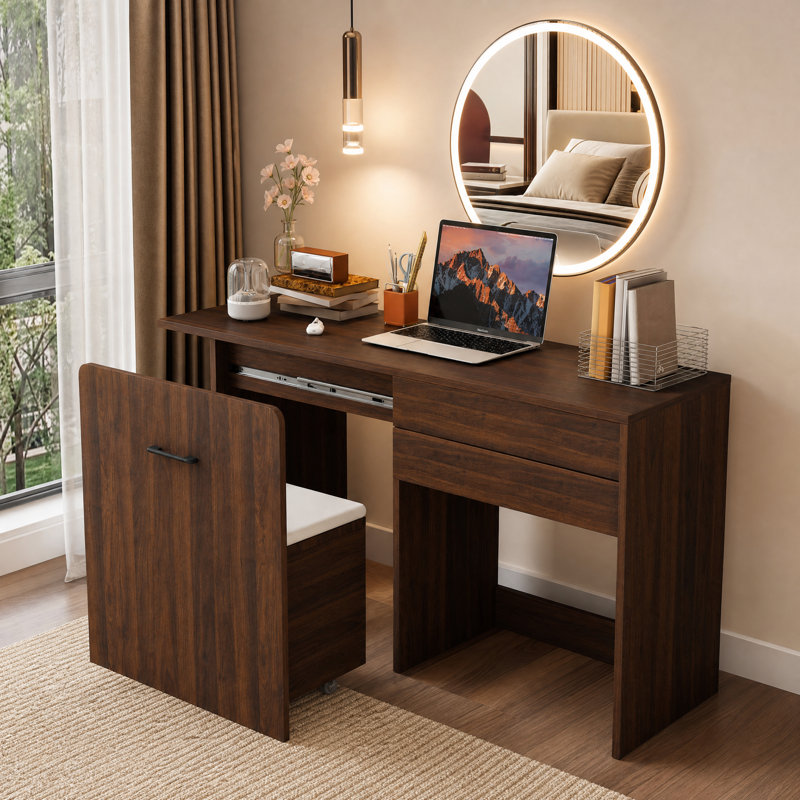 Coiffeuse pliable 3 en 1 avec miroir et tabouret de rangement, Noyer