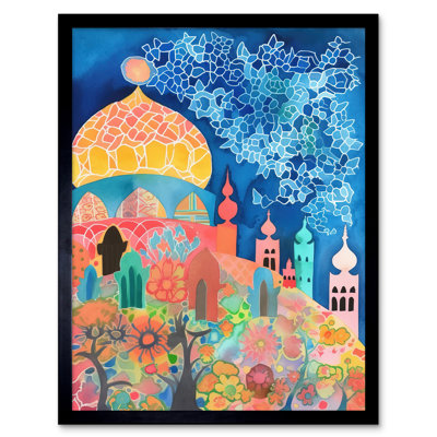 Islamic Mosque At Night Folk Art Watercolour Painting Art Print Framed Poster Wall Decor 12x16 inch