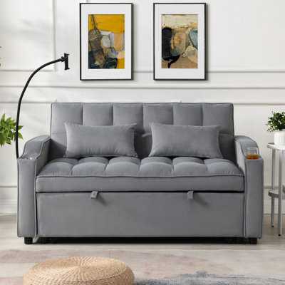3 In 1 Convertible Futon High - Quality Velvet, 2 Seat, Adjustable Reclining, Ports, And Phone Stand Small Spaces' Ideal Seat Velvet That Converts To Bed, With Ports