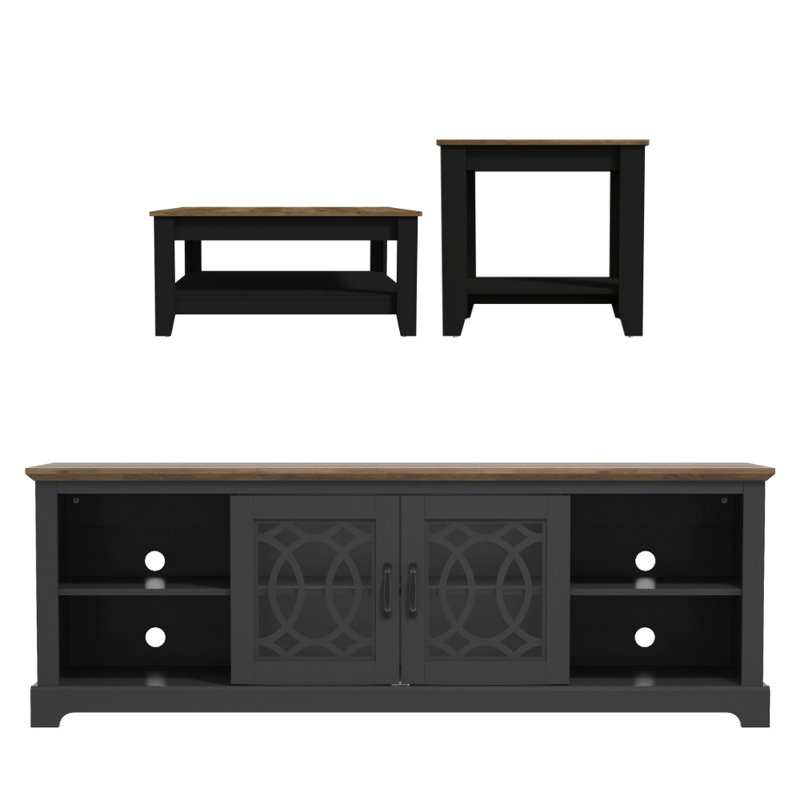 Weddel Basilico Transitional Coordinated 3-Piece Living Room Set, Knotty Oak, Black
