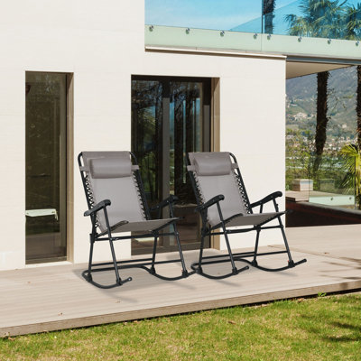Outdoor Rocking Chair Set Of 2, Patio Folding Lawn Rocker Set With Headrests For Yard, Patio, Deck, Backyard, Gray