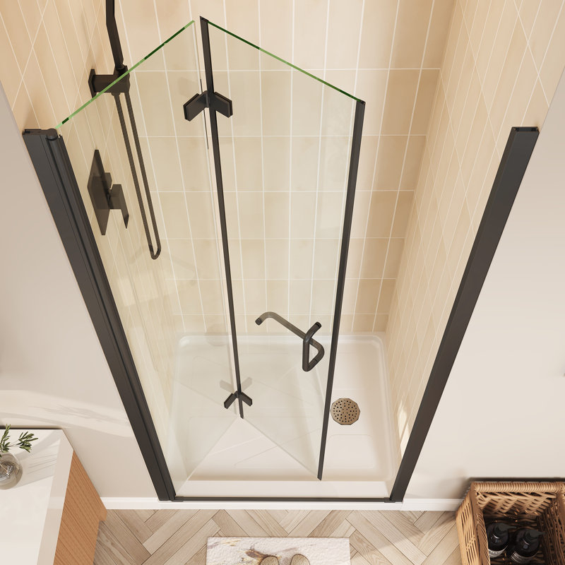 Portes de douche pliantes sans cadre en noir avec verre transparent, Noir