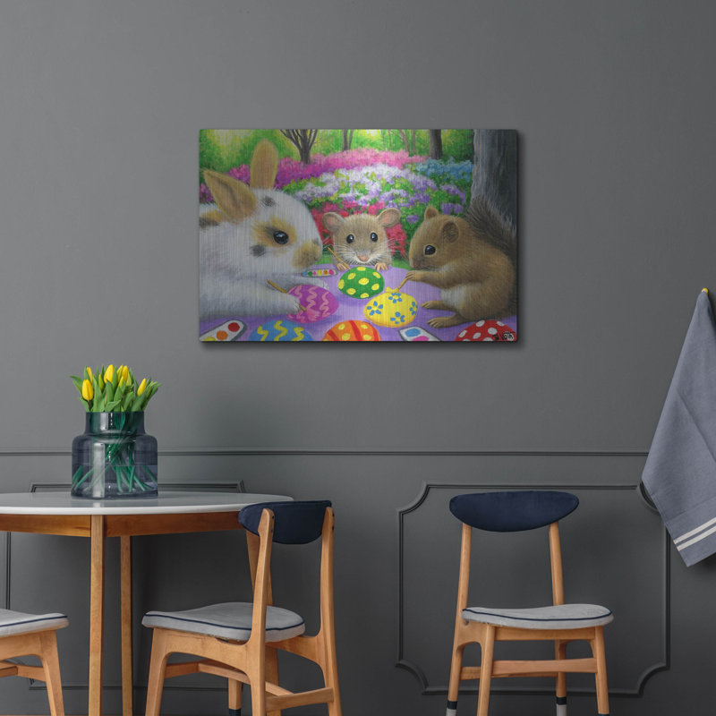 «The Holiday Aisle» Decorating The Eggs »par Bridget Voth, art mural en métal, H 24 po x l 36 po