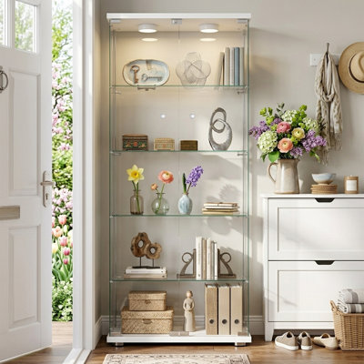 Jacquelline Tempered Glass Display Cabinet with 2 LED Lights, 5-Shelf Curio Cabinet with 2 Doors