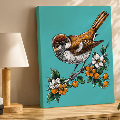 Toile, oiseau magnifiquement détaillé perché gracieusement sur une branche, art mural orné de fruits orange vifs et blanc délicat