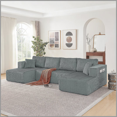 Canapé modulaire en forme de U de 132 po, canapé-lit Comfy Comprimé avec poches latérales, canapé-lit en mousse à mémoire de forme minimaliste moderne en velours côtelé pour salon, aucun assemblage requis, gris foncé