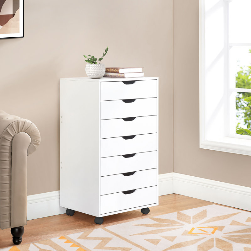7-Drawer File Cabinet for Office Storage, File Cabinet on Wheels, Desk File Cabinet Unit, Wooden Office Drawer, White