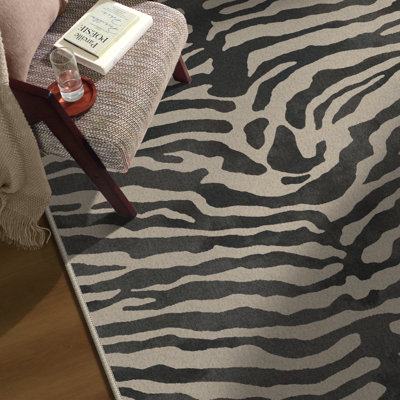 Safari Animal Print Zebra Machine Printed Washable Beige / Gray Indoor Area Rug with Non-Slip Backing