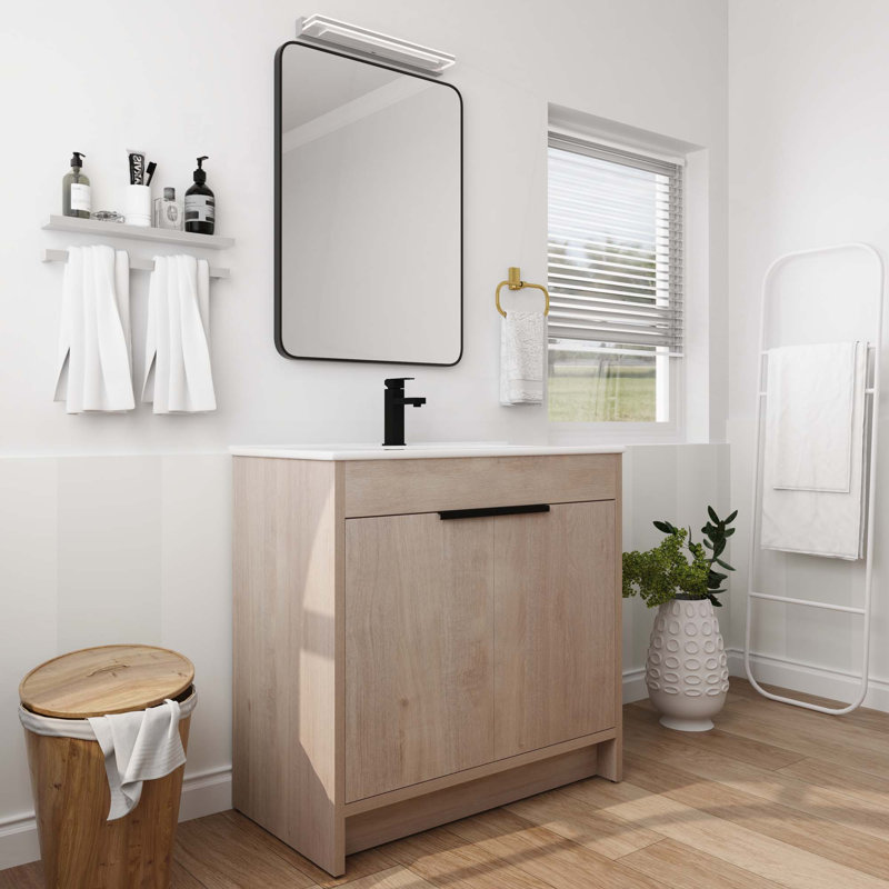 Meuble-lavabo autoportant avec lavabo en céramique et 2 portes d'armoire à fermeture en douceur, Chêne clair uni