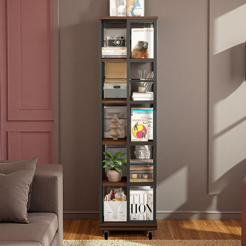 5 Tiers Rotating Bookshelf, Corner Bookcase, 360 Display Wood Spinning Bookshelves, Floor Standing Bookcase Narrow Shelf