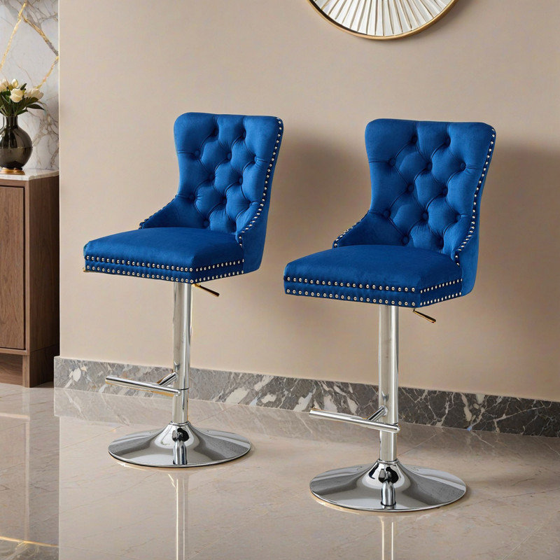 Tabourets de bar rotatifs chromés avec revêtement en velours - hauteur réglable (25 po à 33 po), Bleu