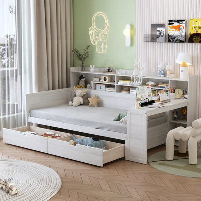 Lit de jour simple en bois avec tablettes de rangement, lit multifonctionnel avec deux tiroirs et bureau d'étude