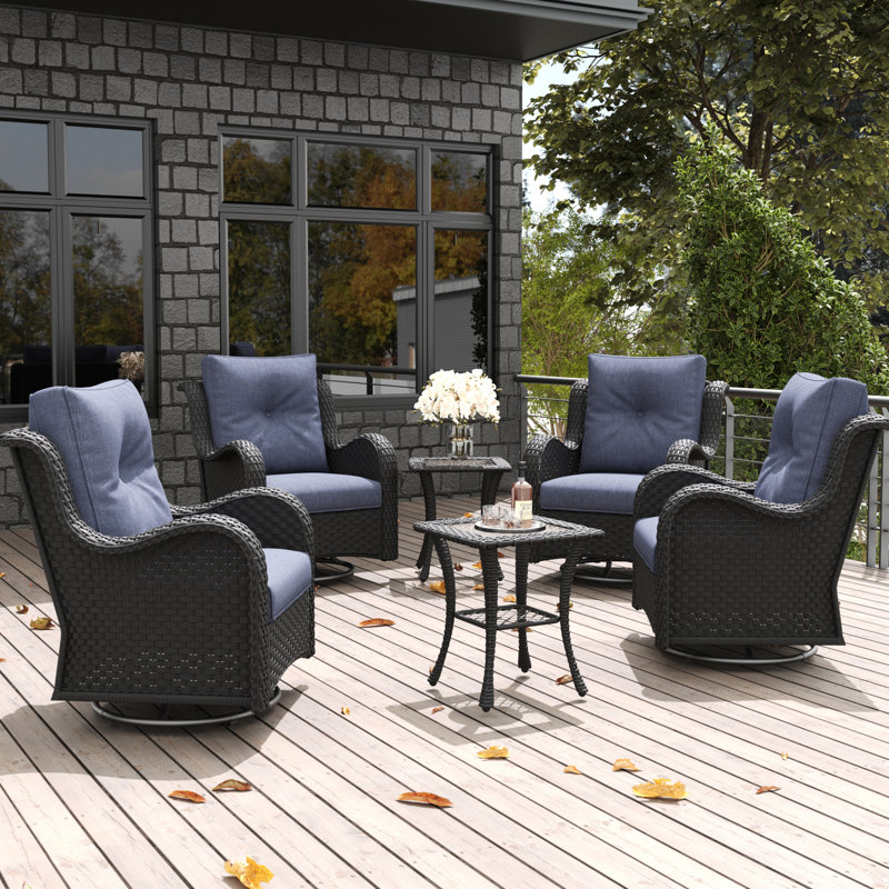 LayinSun 6 Pieces Swivel Rocker Patio Chairs Set With Side Table, Navy, Black
