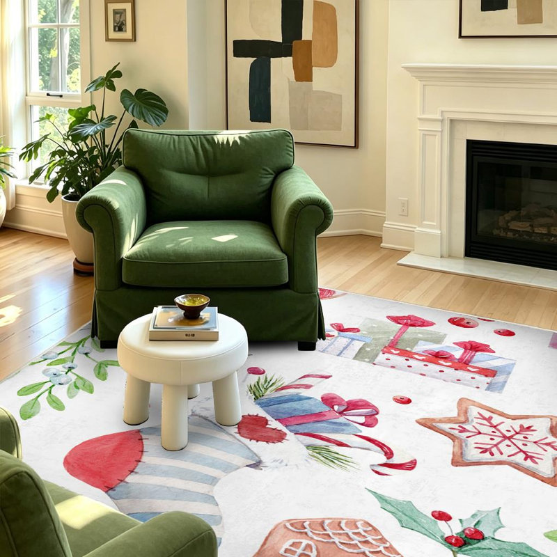 Tapis d'intérieur blanc lavable à la machine, motif aquarelle de Noël avec cadeaux et herbes., Rectangle 39 po x 63 po