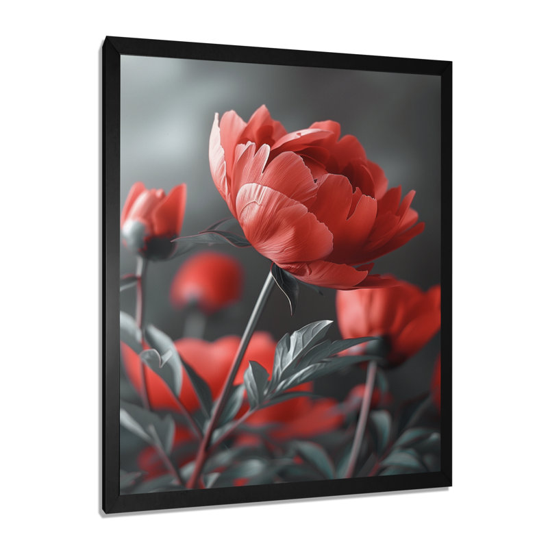 Van - pivoines, art mural, H 30 po x l 40 po, Cadre noir