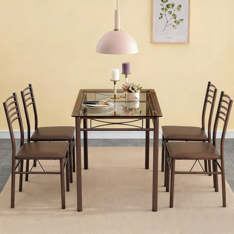 Izen 4 - Person Four Leg Dining Set, 5 Piece Dining Table Set with Tempered Glass Top, Metal Frame Kitchen Table Set with 4 Chairs, Modern Small Space Glass Dining Set for Apartment, Kitchen, Dining Room, Breakfast Nook