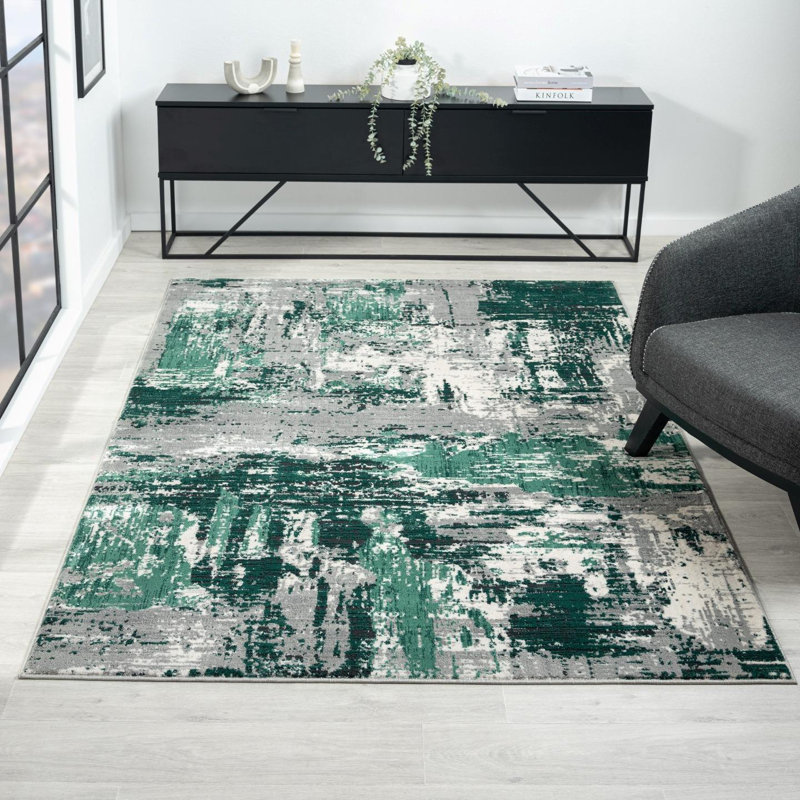 Tapis abstrait vert en polypropylène Sharoya, Rectangle 6 pi 3 po x 9 pi 1 po