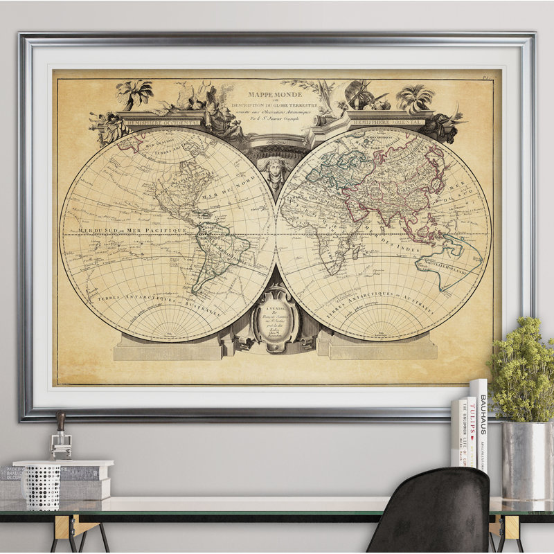 « rétro world map viii antique », impression, Argent, H 31 po x l 43 po x P 1,5 po