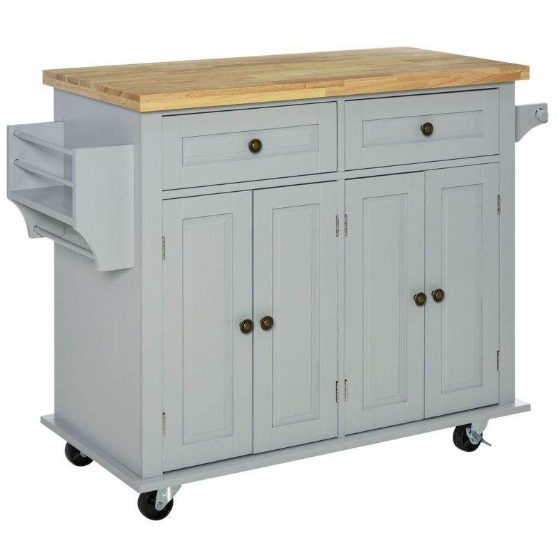 Kitchen Island On Wheels, Rolling Cart With Rubberwood Top, Spice Rack, Towel Rack And Drawers, Gray