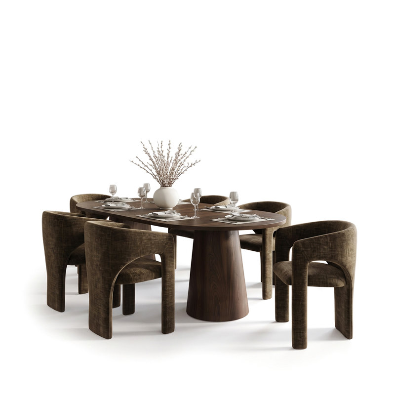 Ensemble de salle à manger rond à ovale extensible avec fauteuils demi-tonneau en chenille, Brun