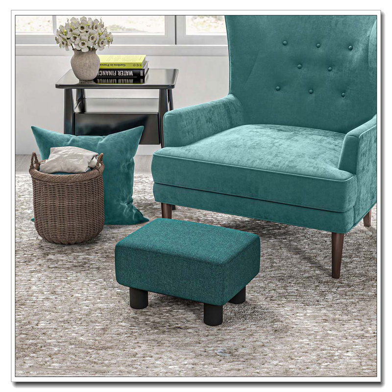 Ottoman Foot Rest Small Foot Stool with Linen Fabric Upholstery and Plastic Legs Cube Ottoman for Living Room, Green