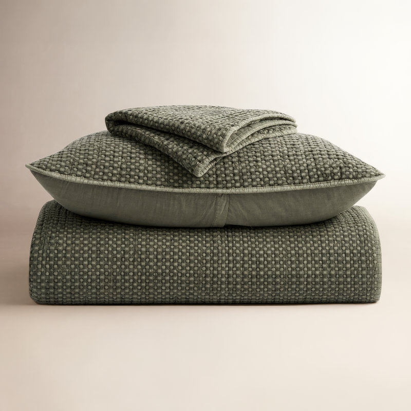 Ensemble de courtepointe 100% coton gaufré Stonewashed, Courtepointe grand + 2 couvre-oreillers standard, Vert olive
