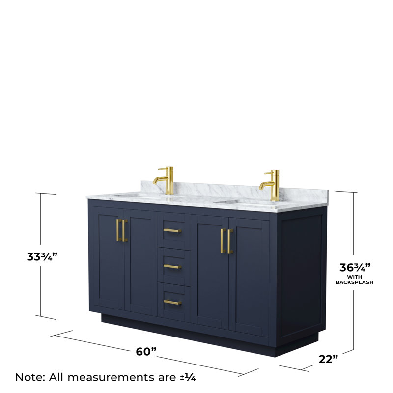 Miranda 60" Freestanding Double Bathroom Vanity with Marble Top, Brushed Gold, Dark Blue