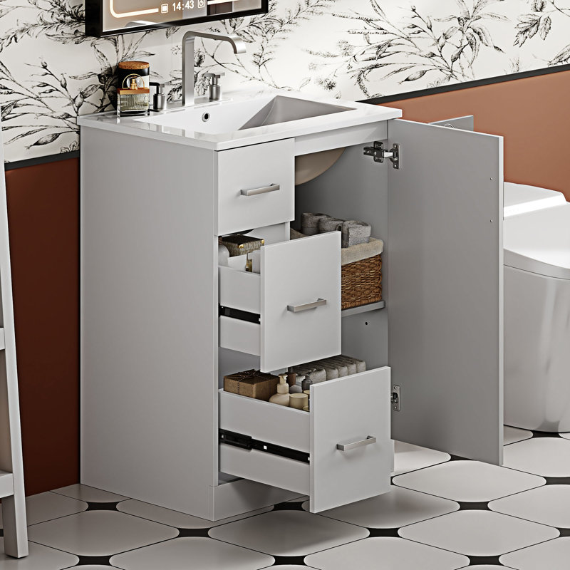 Meuble-lavabo de salle de bain avec lavabo, Argent argent, Blanc