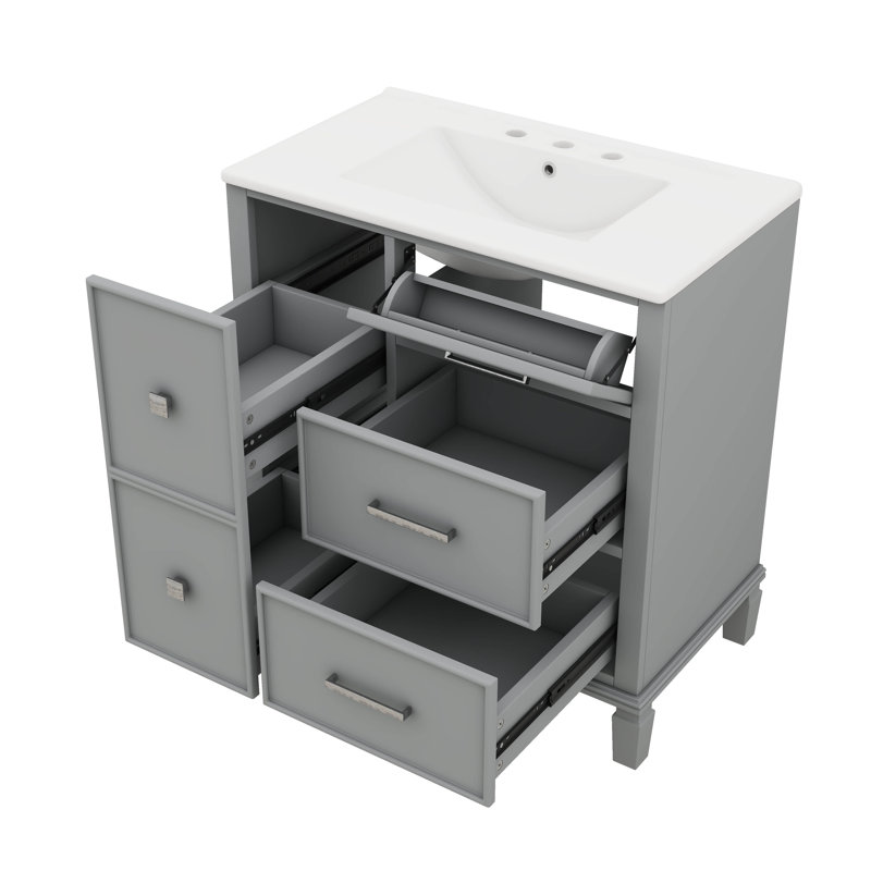 Meuble-lavabo moderne 30 po avec meuble-lavabo en céramique et tiroir escamotable, Gris