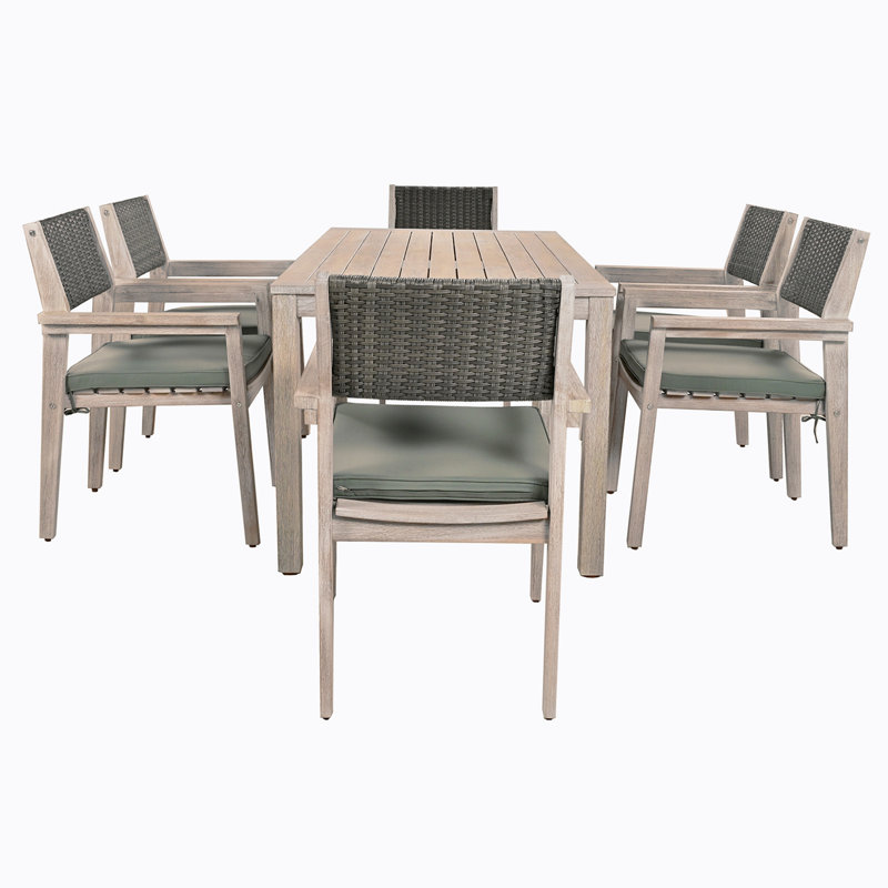 Raybert 6 - Person Acacia Wicker Patio Dining Set with Rectangular Table , Cushions Included