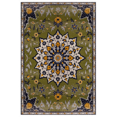 Lila Collection Digital Print Cotton-Polyester Green Floral Rug