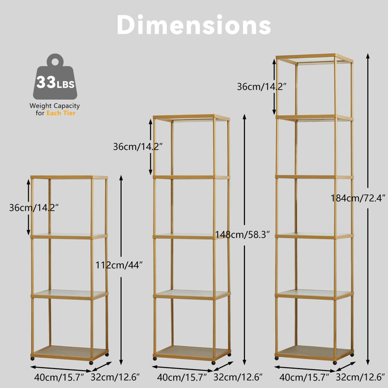 Étagère en verre DEL à 5 niveaux, bibliothèque avec lumières à intensité variable et cadre en métal à revêtement doré