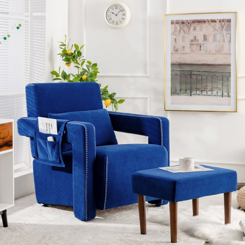 Aidenjohn Upholstered Armchair with Ottoman, Deep Sapphire Blue Berber Fleece
