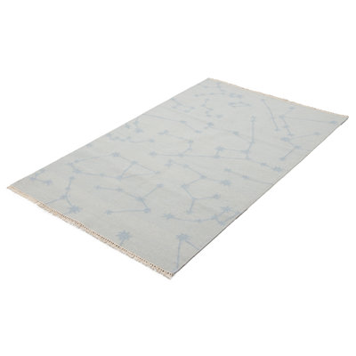 Tapis gris / bleu en laine à motif abstrait tissé à plat à la main Evah