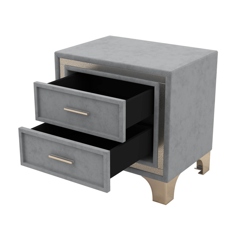 Grand lit plateforme tapissier Chanise avec lumières DEL et deux tables de chevet, Gris