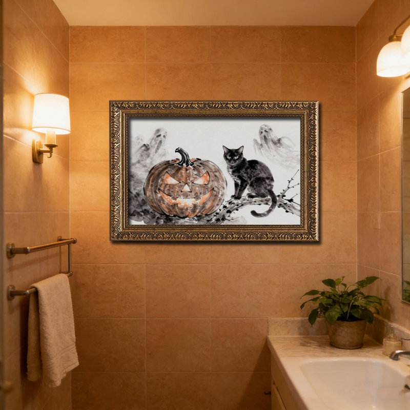 Cadre mural vintage orné de chat fantôme d'Halloween – Cadre doré décoratif pour œuvres d'art., L 12 po x l 18 po