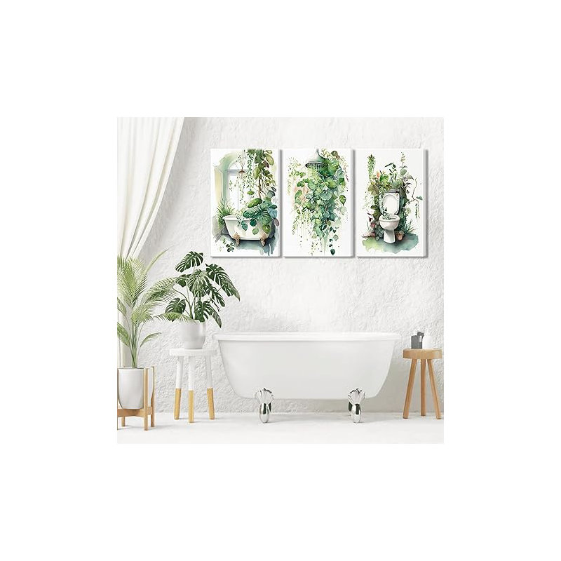 3Pcs Framed Botanical Bathroom Wall Art Sage Green Leaves Canvas Posters Print Funny Tropical Green Plants Wall Decor Pictures Home Bathroom Decoration