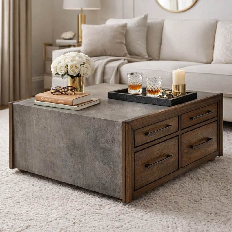 Table basse Kio, plateau carré en faux ciment 40 po et 8 tiroirs, brun