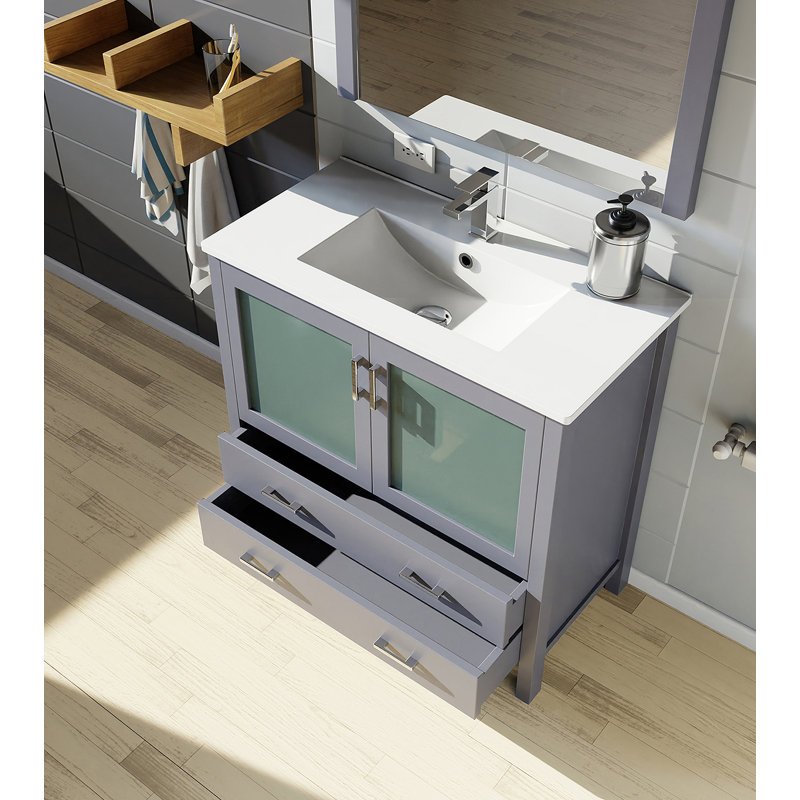 Meuble-lavabo de salle de bain 36 po X P 18,25 po D, dessus en céramique, ensemble de robinet et Miroir