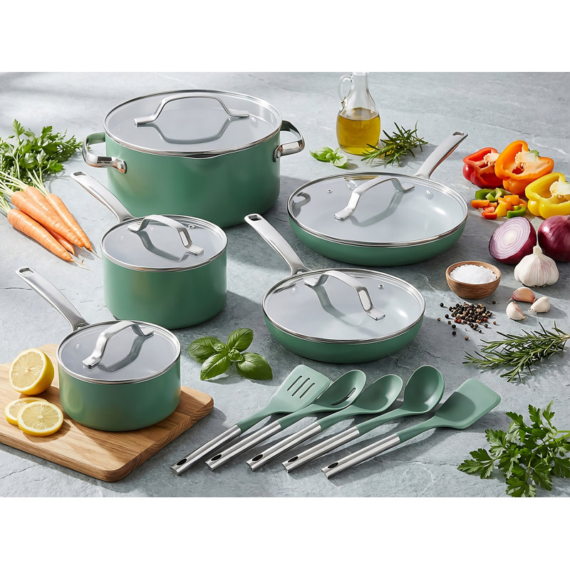 Batterie de cuisine en céramique antiadhésive 15 pièces Gotham Steel Modern Collection, Sauge