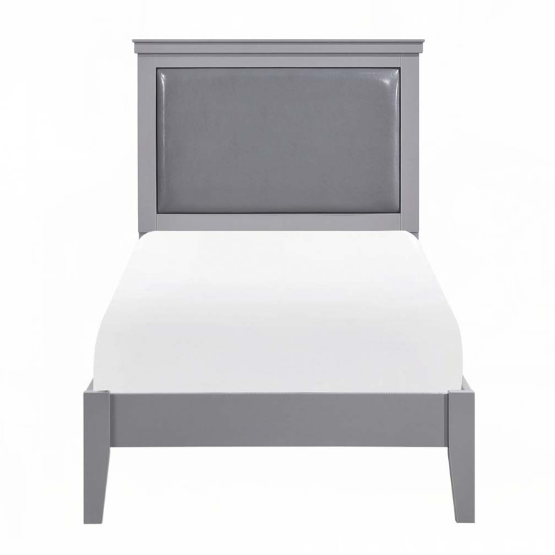Wood Panel Bed with Faux Leather Headboard, Grey, Twin