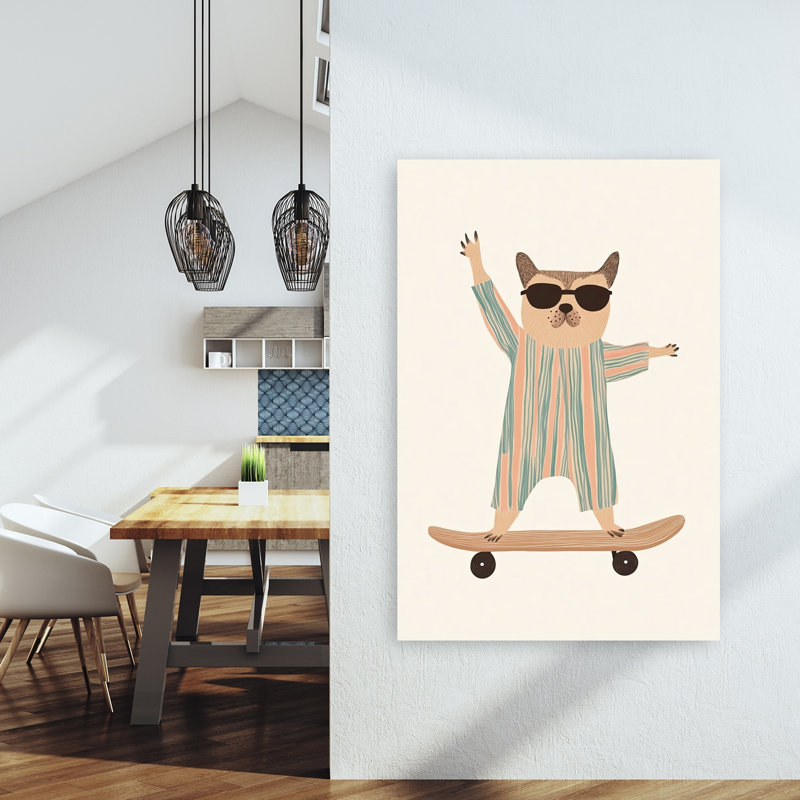 Cool Skater Pup Playful Whimsical Contemporary Cat Dog Summer Wall Art Print by Mathieu - Wrapped Canvas Print