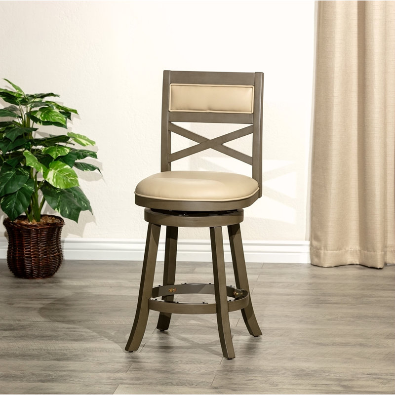 Tabouret pivotant à dossier en X de 24 po de hauteur comptoir, siège en cuir, Beige, Gris