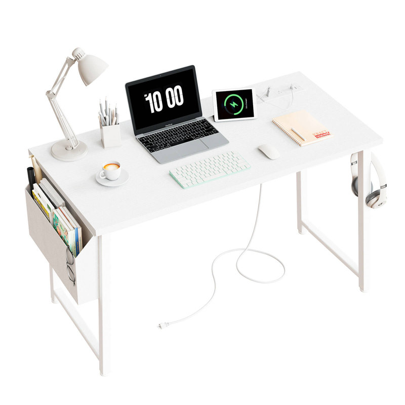 Writing Desk With Power Outlets Rectangle Computer Desk, 29.52" H x 39" W x 18.9" D, White
