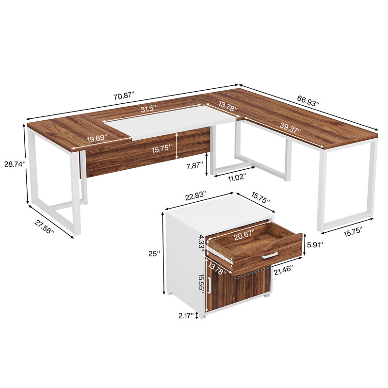 Bureau de direction en L avec cabinet de rangement Rohima, Noyer/blanc