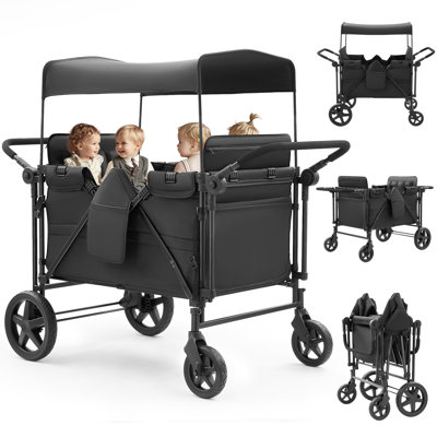 Stroller Wagon For 4 Kids, 4 Seater Wagon Stroller With Canopy, Featuring Dual Push Handles, 5-point Harnesses And High Seat