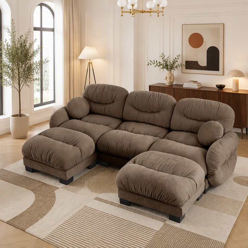 Canapé d'angle modulaire 3 places en tissu chenille confortable au design plissé, avec mousse ergonomique haute densité et 2 poufs.